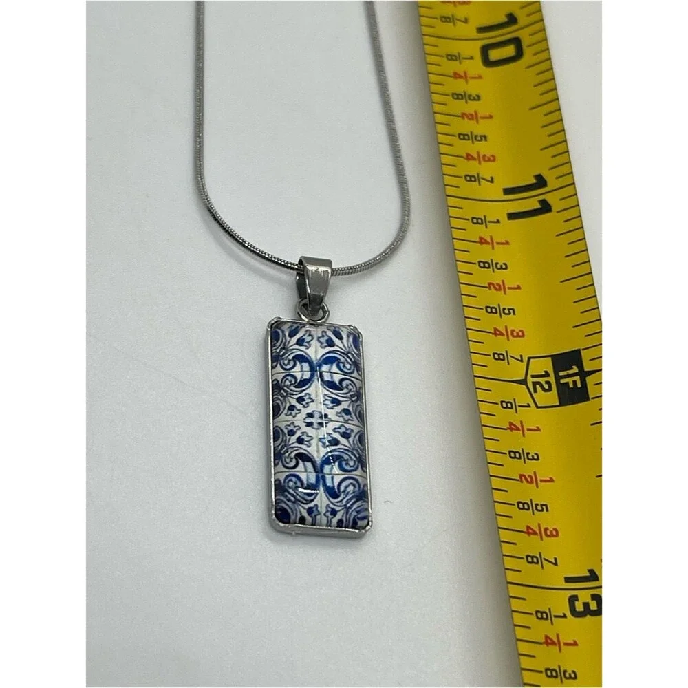 Hand Crafted Blue White Glass Rectangle Pendant Necklace Earrings Set NWT
